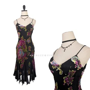 Vintage Sue Wong Midi Dress Velvet Silk 8 Black Pink Bead Fairy Grunge 90S Y2K - Picture 1 of 15