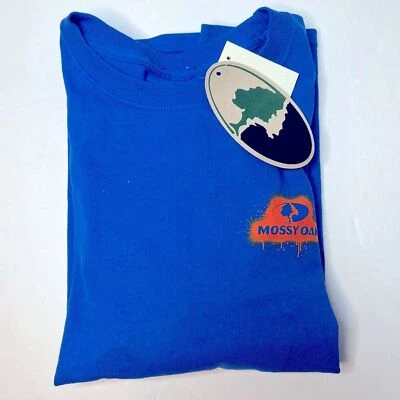 Mossy Oak Boys Large Long Sleeve Blue T-shirt Orange Paint Splatter Logo. New! - Image 1 of 4