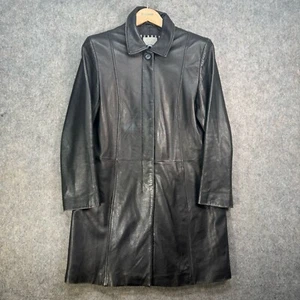 Per Una Leather Coat Womens Size 16 Black Trench Midi Steampunk Gothic Matrix - Picture 1 of 16