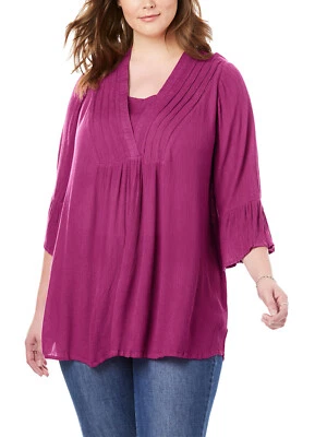 Woman Within Tunic Top Blouse MAGENTA PINK Bell Sleeve V-Neck Szs 16/18 to 36/38 - Image 1 of 3