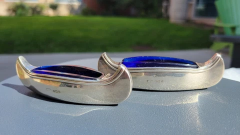 Pair of Adie & Lovekin Sterling Silver Salt Cellars Birmingham 1907 w blue glass Cover