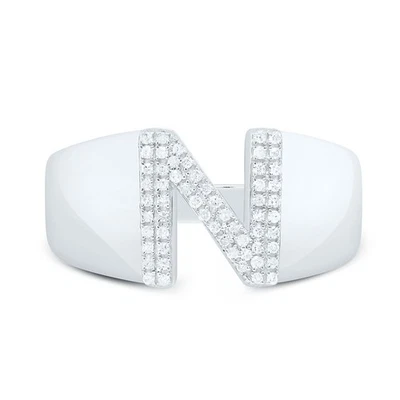Anillo meñique inicial letra N bloque diamante genuino plata esterlina 1/6 quilates para hombre Foto 1 de 4