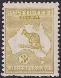 Australia 1915 KGV Roo 3d Yellow-Olive Die I Narrow Crown Mint SG37 PERF FAULTS - Picture 1 of 2