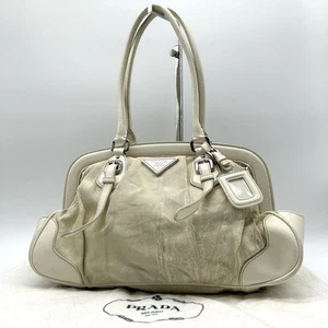 Prada Tote Handbag White Triangle Logo Luxury Designer Bag Chic Fashion - Picture 1 of 10