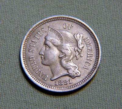 1881 3 Cent Nickel Piece Extremely Fine AU / UNC Details - Lot 829 - Image 1 of 2