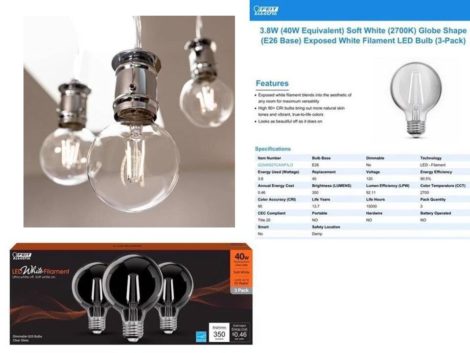 Filament LED Bulb G25 E26 (M) Soft White 40W 3-PK/Box - FEIT G2540927CAWFIL3 - Image 1 of 1