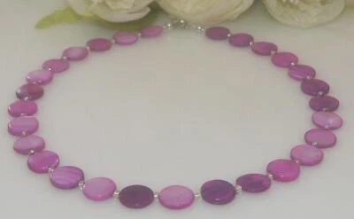 Halskette Kette Collier  Muschel Perlmutt  Scheibe Ø12mm violett pink  405t - Bild 1 von 4