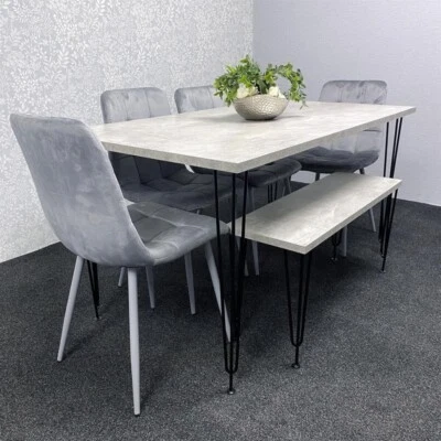 Grey Dining Table Set with 4 Velvet Chairs & Bench Hairpin Legs 140cm - Image 1 of 4