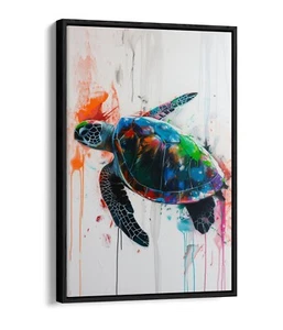 SEA TURTLE WATERCOLOUR PAINTING -FLOAT EFFECT FRAMED CANVAS WALL ART PRINT - Picture 1 of 12