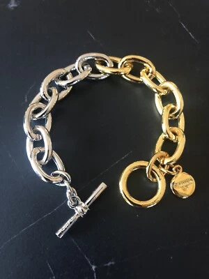 NEW BEN AMUN 24K Gold Plated Brass Two Tone long Link Chunky Bracelet * 6-7 in - Image 1 of 4