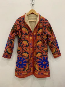 Quilted Long Duck Fur Suzani Jacket | Kashmiri Embroidered Suzani Coat | Jacket - Picture 1 of 9