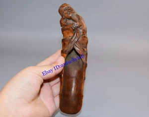 Vecchia pala da tè cinese in legno di bosso intagliato a mano personaggio - Foto 1 di 9