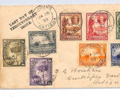 ANTIGUA KGV Cover 1933 St Johns TERCENTENARY ISSUE (1932) *LAST DAY* Cachet YJ99 - Image 1 of 4