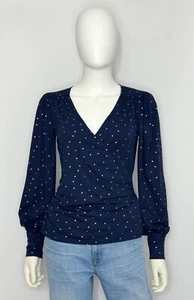 Boden Womens Faux Wrap Top UK 8 US 4 Navy Polka Gold Dot Long Sleeve V Neck NWOT - Picture 1 of 11