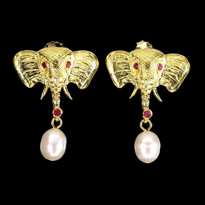 925 Sterling Silver Earrings Round Ruby Pearl Gemstone Elephant Jewelry - Image 1 of 4
