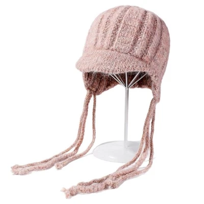 女士针织飞行员无檐帽带遮阳耳扣温暖厚冬季时尚帽 — 第 1/4 张图片