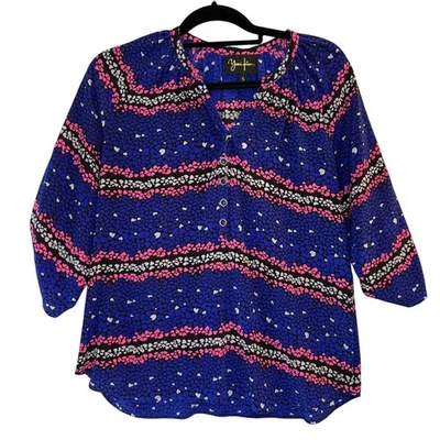 Yumi Kim Silk Blouse Women's Small Heart Print Split Neck Popover 3/4 Sleeve - Image 1 of 4