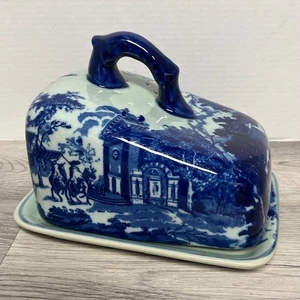English Victorian Ironstone Ware Flow Blue Covered Cheese Bread Dish - Picture 1 of 13