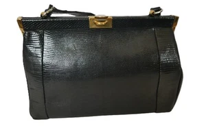 Vintage 50s/60s Waldybag black leather lizard skin top handle bag rockabilly VGC - Picture 1 of 9