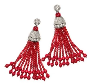 KJL Kenneth Jay Lane COUTURE Ruby Red Tassel Crystal Statement Earrings 3-3/4" - Picture 1 of 8