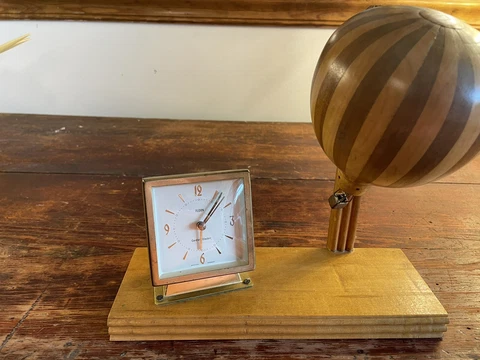 1950's Florn Desk Clock West Germany w/ Wooden Hot Air Balloon Works Interment Cover