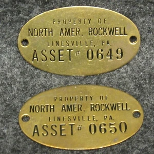 2 N American Rockwell Linesville PA Property Asset Tag # 0649 0650 2" Brass Oval - Picture 1 of 2