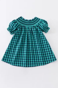 Little Girls Smocked & Embroidered Blue Plaid Short Sleeve Bishop Dress Size 5 - Picture 1 of 2