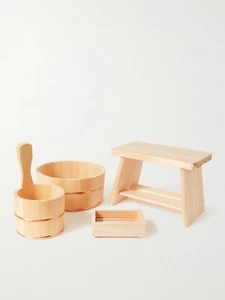 JAPAN BEST Hinoki Cypress Wood And Copper Bathroom Set 2 Pails, Soap Tray, Stool - Picture 1 of 5