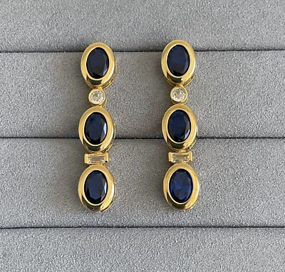 Amazing Color! Blue/White CZ 1.5" Drop Earrings 925 Silver 14K YG Vermeil Plated - Image 1 of 4