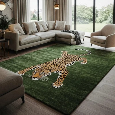 Alfombra de lana 5x8 acolchada a mano - Alfombra hecha a mano con estampado de leopardo verde para sala de estar Foto 1 de 4