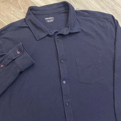 Рубашка на пуговицах мужская Untuckit размер 3XL Pique Polo темно-синяя с длинным рукавом - Изображение 1 из 4