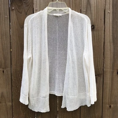 Eileen Fisher 象牙色 亚麻 开放编织 长袖 裁剪 开襟开衫 尺寸 S — 第 1/4 张图片