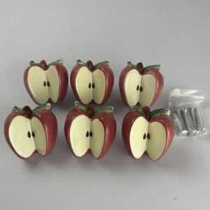 VTG Lot 6 Red Apple Ceramic Door Drawer Cabinet Handle Pull Knobs W/ Screws - Picture 1 of 7