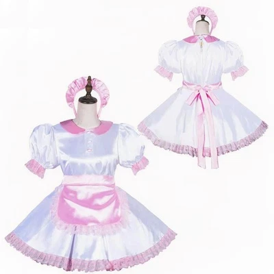 Niña Criada Sissy Bloqueable Blanco Satén Vestido Juegos con disfraces Unisex Disfraces A Medida Foto 1 de 4