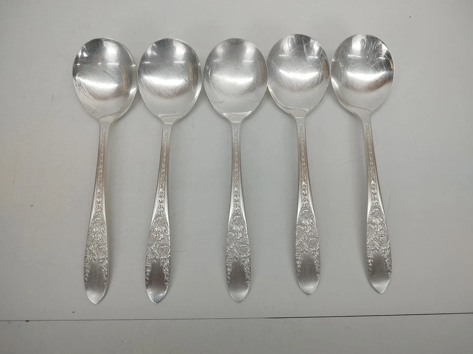 Juego de 5 cucharas sopera vintage National Silver Co A1 cubiertos de plata floral rosa Foto 1 de 4