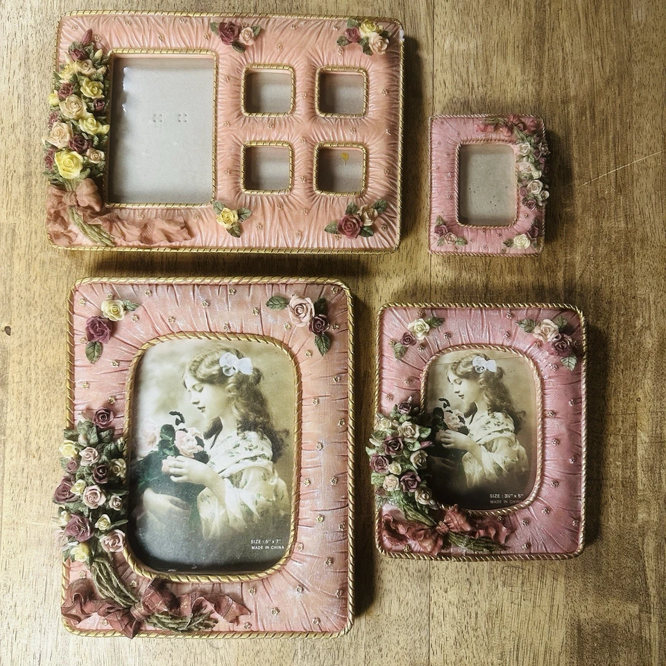 Vintage Rare Ceramic Picture Frames - Pink/Gold, Roses/Ribbons 1960's- lot of 4 - Image 1 of 4