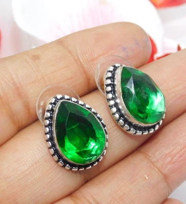Orecchini a perno al quarzo smeraldo pendenti goccia argento sterling placcat... - Immagine 1 di 4