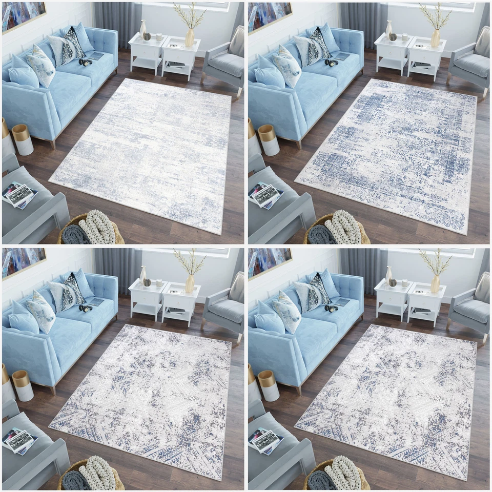 Teppich Kurzflor Modern Creme Blau Grau Vintage Ornament - Bild 1 von 1