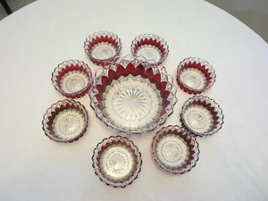 EAPG Clear and Ruby-Stained Glass Dessert Set Serving Bowl with 8 Berry Bowls - Picture 1 of 11
