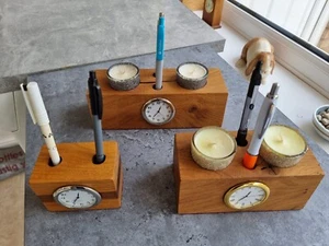 Handmade Oak Table Desk Quartz Clock Candles Pen Holder Paperweight Desk Tidy - Picture 1 of 13