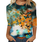 Crew Neck Spring Summer Butterflies Printed 3/4 Sleeve Women T Shirt Tops Party