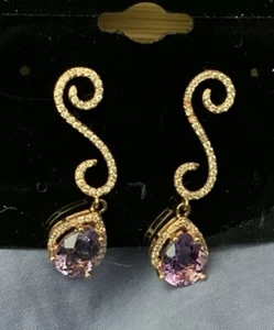 14k Gold S Drop Amethyst & Diamond Earrings - Pear Cut - Post Back Beautiful - Picture 1 of 6