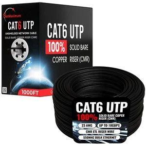 1000ft CAT6 CMR ETL Riser Ethernet Cable 23AWG Solid Bare Copper Wire Black - Afbeelding 1 van 7