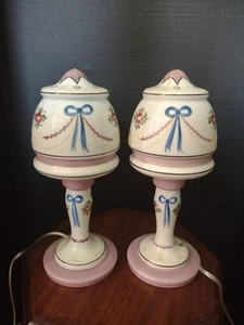 Antique Painted Bouidor Desk Lamp Ribbon Flower  czech? 12" Rewired Ladies Girls - Picture 1 of 15