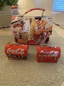 2 Coca Cola Mini Lunch Box Metal Tin & 1 Medium Size Box Very Good Condition - Picture 1 of 17