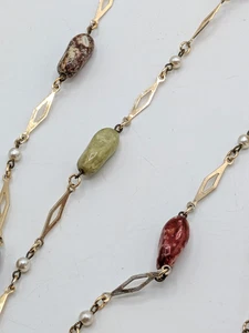 Vintage Station Necklace Acrylic Stones Faux Pearls Gold Tone Metal 54" - Picture 1 of 4