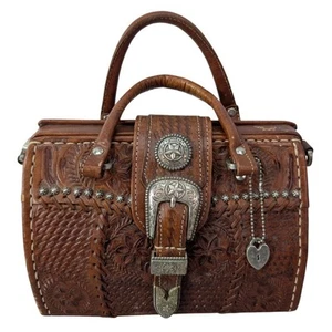 American West Brown Tooled Structured Leather Doctor Satchel Shoulder Bag 10" - Picture 1 of 14