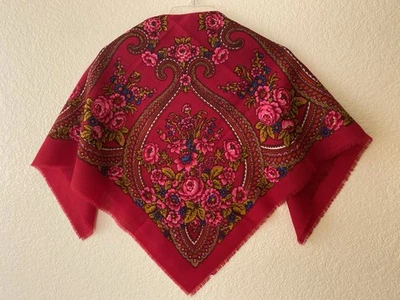 Mantón vintage 1992 PAVLOVO POSAD ПЛАТОК 34" X 34" lana FLORAL rojo rosa azul NUEVO Foto 1 de 4