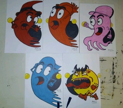 PAC-MAN GHOSTS 5 PIECE 6X9 ORIGINAL ART DRAWING SET SHAWN HUDSON VIDEO GAME ART - Image 1 of 4