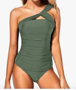 Two Piece Tankini Bathing Suits for Women One Shoulder Swim Top with Bottom - Picture 1 of 2